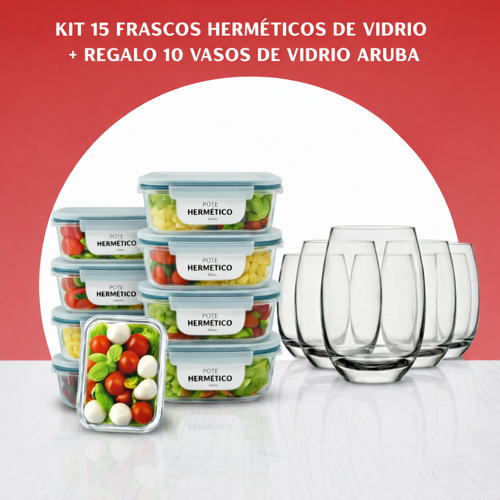 ¡Sólo Por Hoy | Kit 15 Frascos Herméticos de Vidrio + 10 Vasos de Vidrio Aruba de Regalo